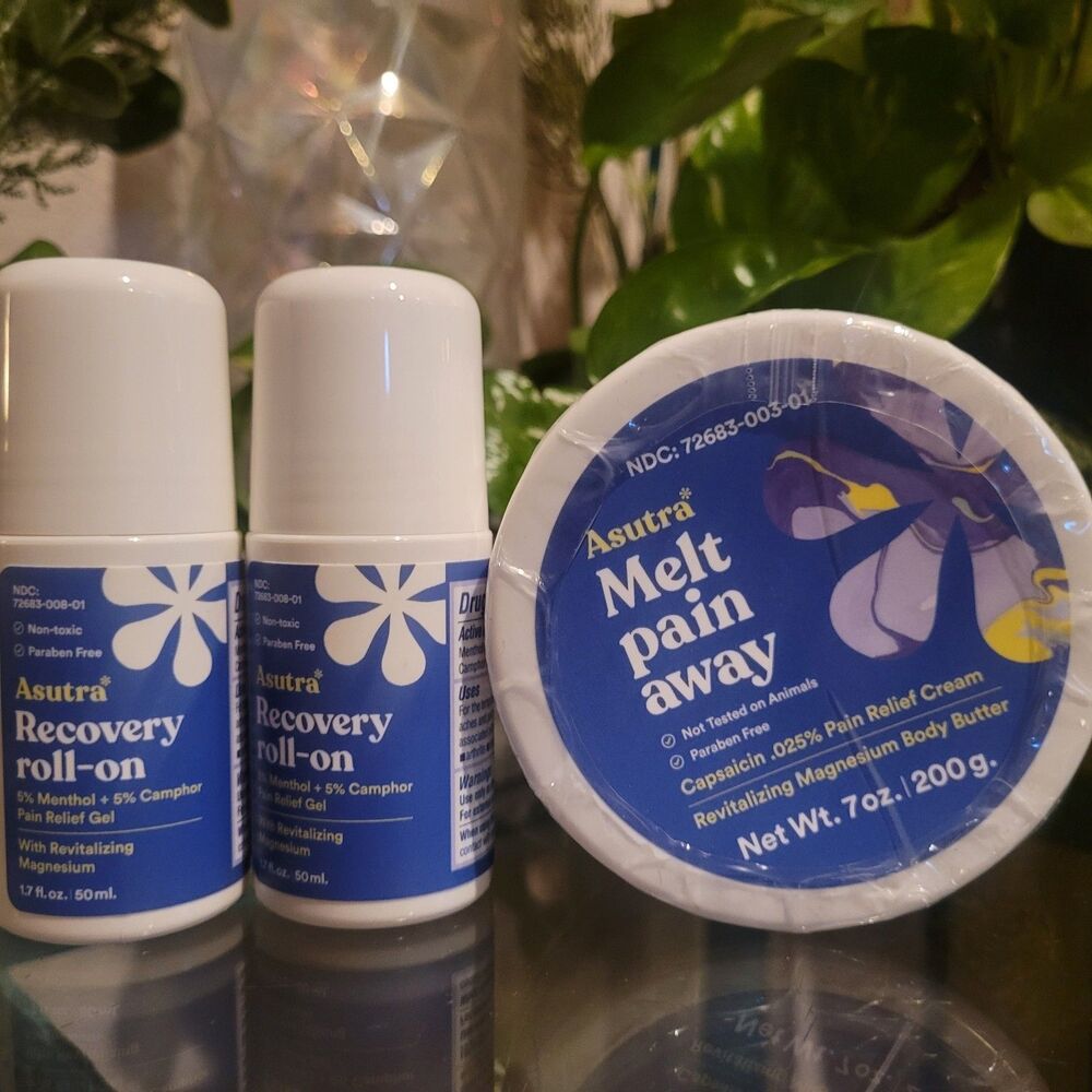Asutra Melt Pain Away body Butter Roll On Recovery Magnesium Pain Relief BUNDLE